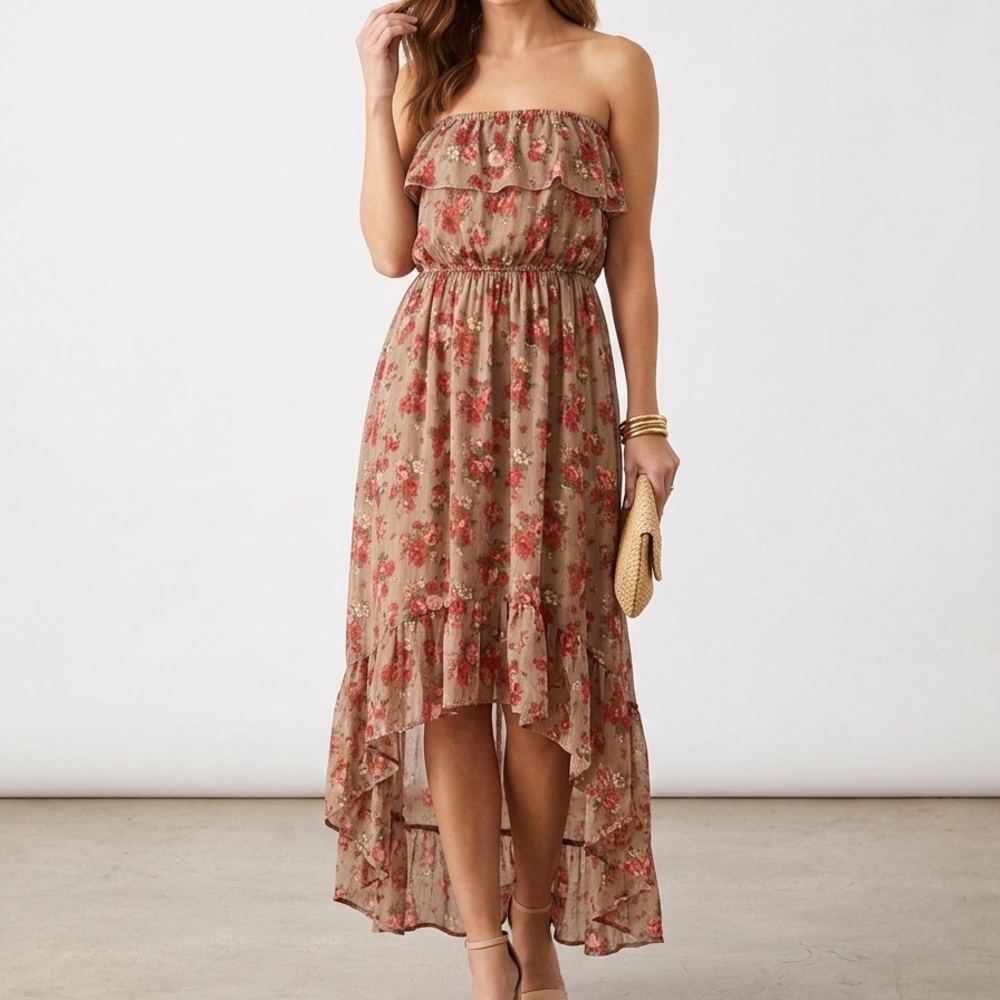 Floral Print Strapless High Low Dress